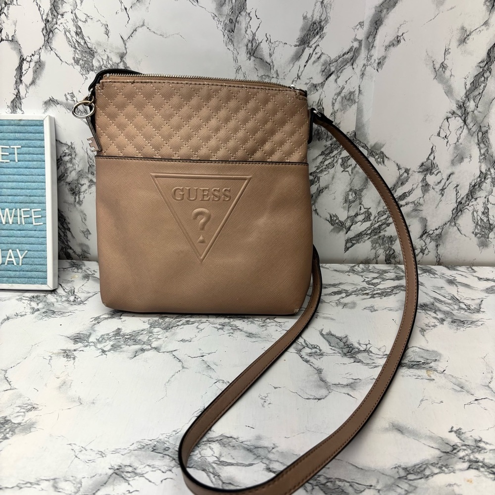 GUESS Quilted Tan Taupe Embossed Logo Crossbody Shoulder Bag Key Charm